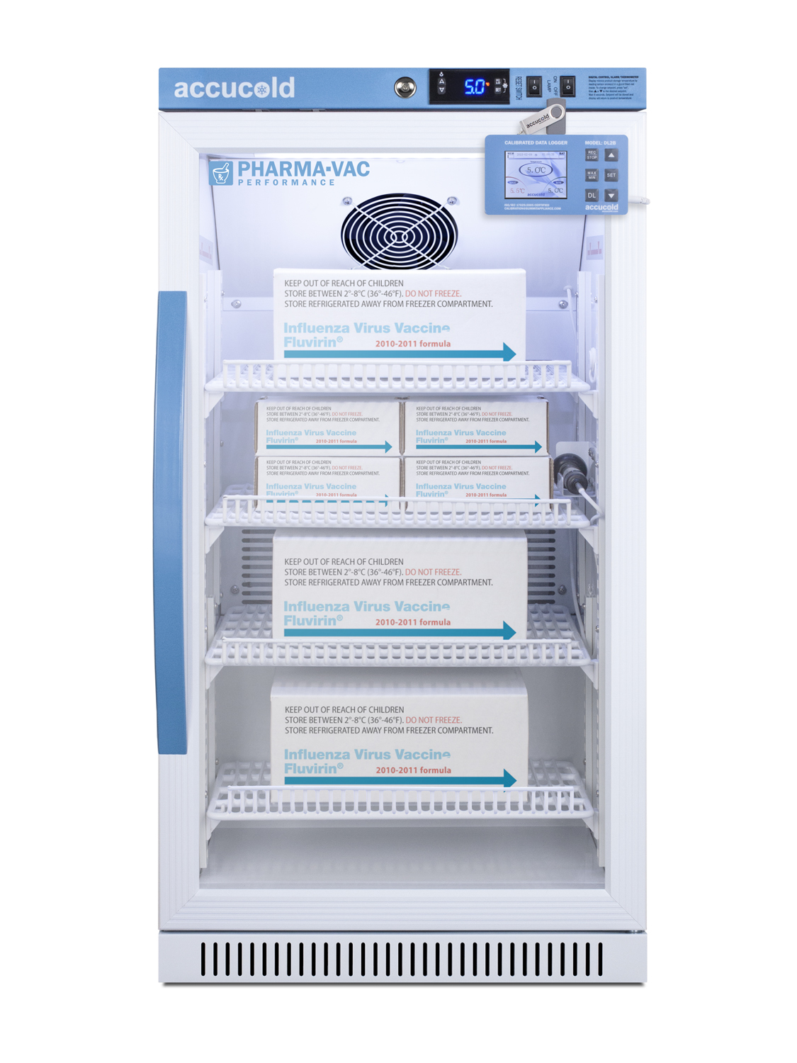 Performance series Pharma-Vac 2.83 cu.ft. ADA height glass door commercial all-refrigerator for the display and refrigeration of vaccines; designed for freestanding or recessed installation, with factory-installed data logger